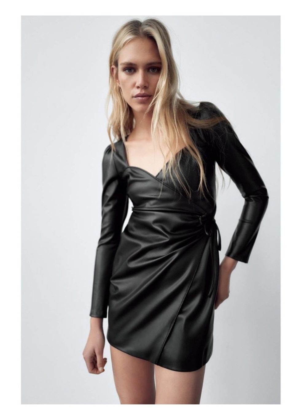 ZARA Black Faux Leather Wrap Mini Dress with Long Sleeves
